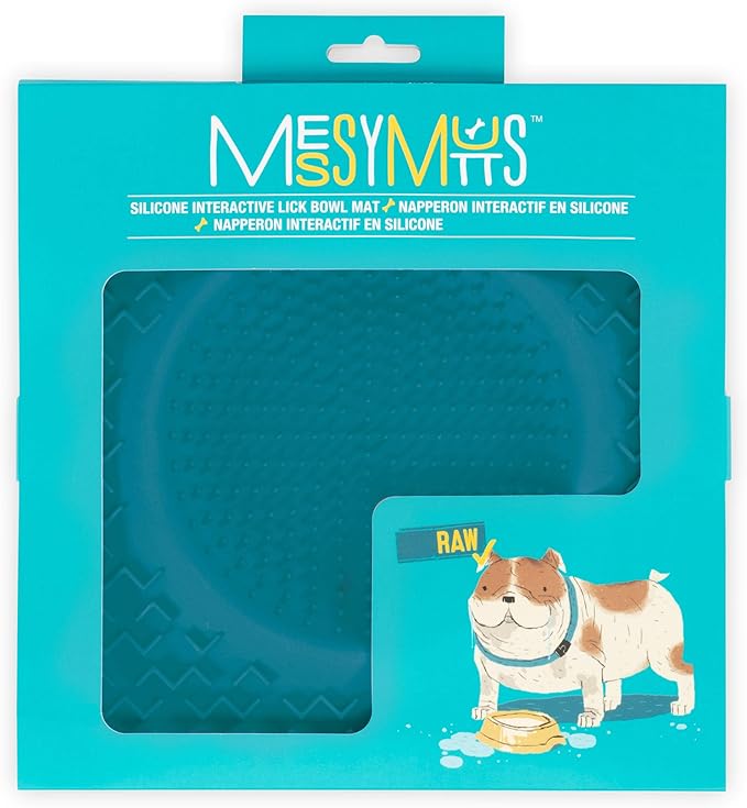 Messy Mutts Silicone Therapeutic Licking Bowl Mat | 10" x 10" | Slow Feeder Mat for Boredom & Anxiety | Lick Pad for Dogs & Cats (Blue)