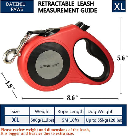 Retractable Dog Leash Strong Nylon Tape 16Ft Reflective Stitch for Night Walking One-Handed Brake Anti-Slip Handle XL RED