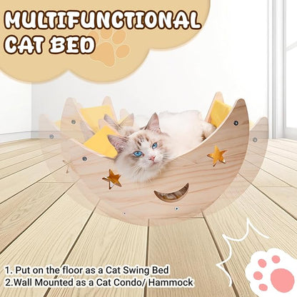 Cat Hammock Moon Bed Window Mounted Hammock Strong Suction Cup Shelves and Perches Solid Wood Furniture Platforms Beds Hanging for Cats and Kitty Easy Installation Single Moon