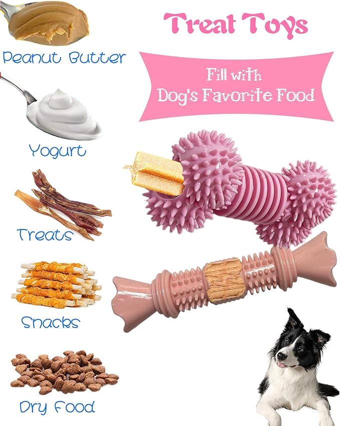4 Pack Teething Toys Dog Durable Chew Toys Soft Rubber Toy Dog Teeth Cleaning Toothbrush Toy Cute Interactive Toys for Medium Large Breed(Medium,Pink)