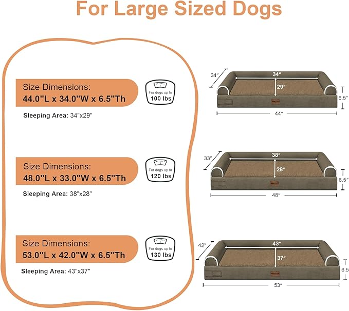 Large Dog Bed Orthopedic Washable: Jumbo Dog Bed Bolster Extra Large Dogs Egg Crate Foam Sofa Couch Waterproof Removable Cover - Brown