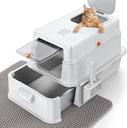 FURTIME Stainless Steel Litter Box with Lid, XL Extra Large Cat Litter Box for Big Cats, Enclosed Drawer Metal Litter Boxs with High Sided, Include Scoop & Mat, Front & Top Entry, Odor Free, Non-Stick