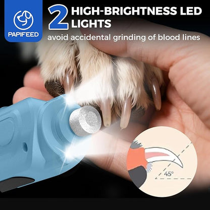 PAPIFFEED Dog Nail Grinder, Quiet 6-Speed Electric Nail Trimmer with Dual LED Light, Rechargeable for Small Medium Large Dogs, with Premium Nail Clipper (Sky Blue Set)