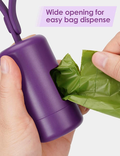 Gobeigo Dog Poop Bag Holder【Convenient Hook for Used Bags】【Silicone Strap Fits Any Leash】【Large Opening for Easy Dispensing】with 1 Roll Waste Bags (Purple)