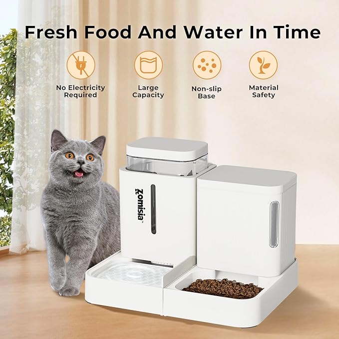 ZOMISIA Gravity Cat Feeder and Water Dispenser, 2 in 1 Cat Self Feeder with 180 Degree Rotatable, 2 Pack Automatic Feeding Large Capacity for Small Medium Dog Puppy Kitten, White, 0.8 Gallon x 2