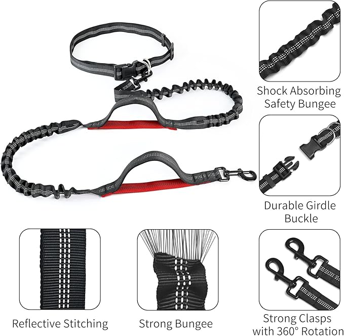 Hands Free Dog Leash with Zipper Pouch, Retractable Bungee Waist Leash with Dual Padded Handles & Waist Belt Fanny Pack for Medium & Large Dog Training Walking Running Hiking Jogging (Red)