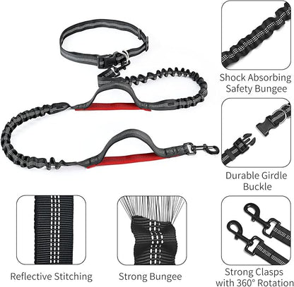 Hands Free Dog Leash with Zipper Pouch, Retractable Bungee Waist Leash with Dual Padded Handles & Waist Belt Fanny Pack for Medium & Large Dog Training Walking Running Hiking Jogging (Red)