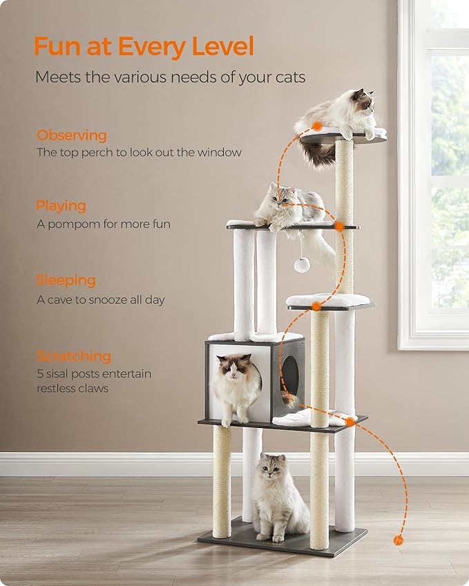 Feandrea Cat Tree, 65-Inch Modern Cat Tower for Indoor Cats, Multi-Level Cat Condo with 5 Scratching Posts, Perch, Washable Removable Cushions, Cat Furniture, Misty Gray UPCT166G03