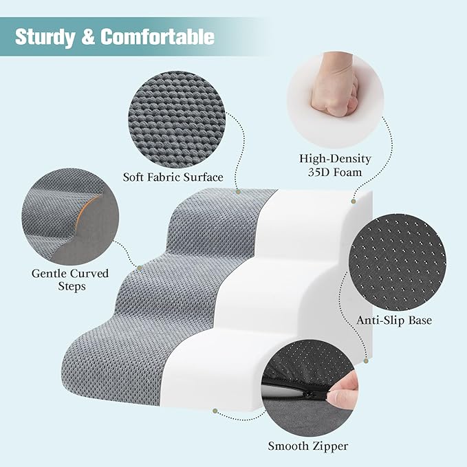 Dog Stairs for Small Dogs, 3-Step Dog Steps for Couch Sofa and Chairs, High-Density Foam Pet Steps Ramp with Removable Washable Cover for Older Injured Puppy Dogs and Cats, 13.78" H, Grey
