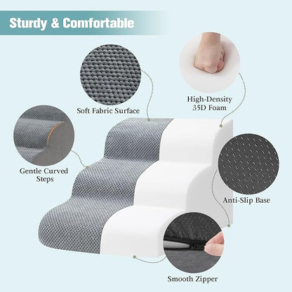 Dog Stairs for Small Dogs, 3-Step Dog Steps for Couch Sofa and Chairs, High-Density Foam Pet Steps Ramp with Removable Washable Cover for Older Injured Puppy Dogs and Cats, 13.78" H, Grey