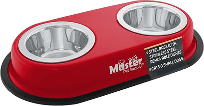 Master Pet Supply Double Dog Bowls Set with Elevated Base and 2 (8 oz) Stainless Steel Removable Dishes (Crimson Flame) – Double Cat Food Water Bowl, Dog Puppy Food Bowl Set, Rust Resistant