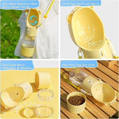 YFL Portable Dog Water Bottle with Food Container - 2 in 1 Travel Puppy Water Dispenser with Crossbody Sling & Strap - Leak Proof, Aesthetic Dog Walking Accessory for Hiking (Yellow)