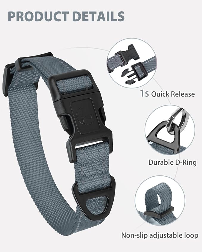 Joytale Small Dog Collar, Durable Double-Sided Reflective Nylon Collar for Night Safety, Adjustable Quick-Release for Active Breeds, Gray, S (3/4" Width)