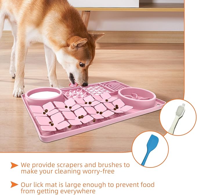 Lick Mat for Dogs Cats Includes Brush and Scraper, Snuffle Mat Silicone Anti-chocking Pet Dish, Non-Slip Dog Licking Bowl Interactive Entertainment Puzzle Toy Pink