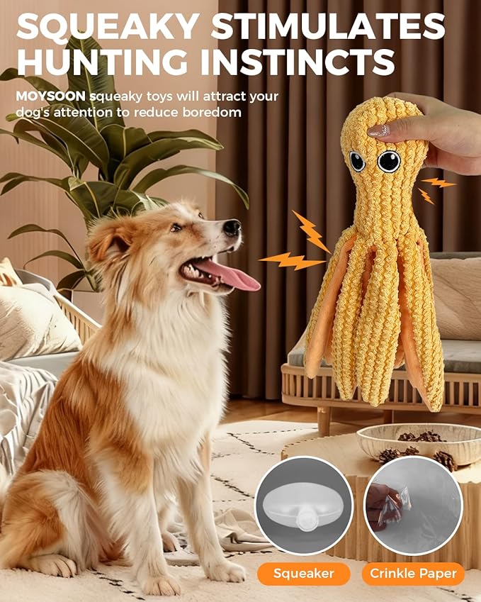 Crinkle Squeaky Dog Toys for Medium Dogs, Durable Plush Chew Toys for Tough Play, Interactive Tug of War Toy, Teething Gift to Keep Them Busy and Relieve Boredom (Yellow Octopus)