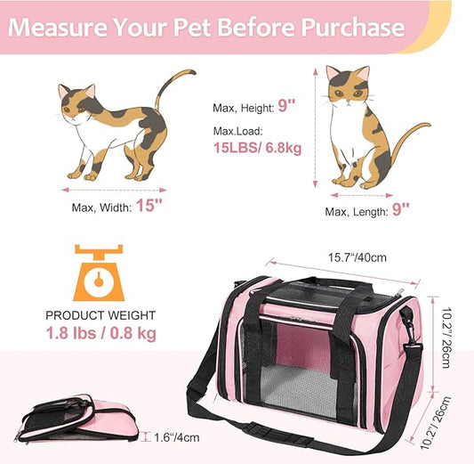 Discala Cat Dog Carrier Up to 15 Lbs TSA Airline Approved Pet Carrier for Small Medium Cats Puppies Dog Carriers for Small Dogs Collapsible Soft Sided Cat Travel Carrier - Pink 15.7"x10.2"x10.2"
