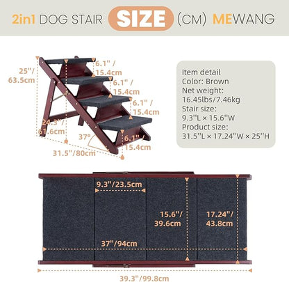 MEWANG Wooden Pet Stairs/Pet Steps - 3-in-1 Foldable Stairs & Ramp for Tall Beds and Cars - Portable Dog/Cat Ladder Up to 220 Pounds - for Small and Older Animals(Brown) (31.5" L x 17.2" W x 25.0" H)