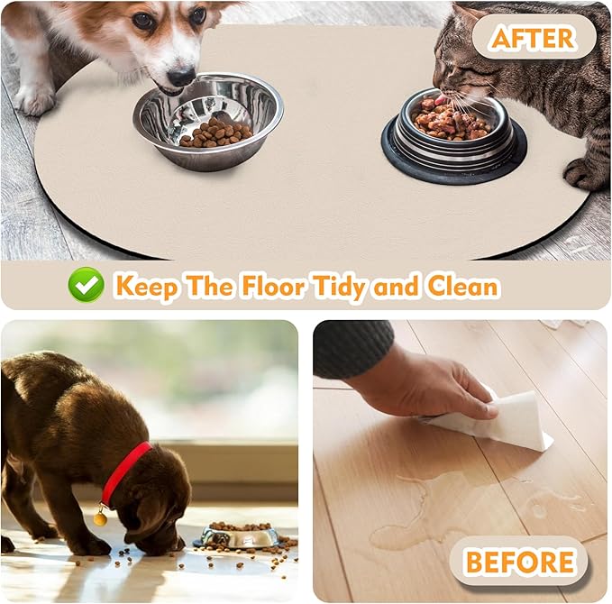 Pet Feeding Mat – 20''x12'' Absorbent Dog Food Mat, Pet Water Mats Protect Floor, No Stains Quick Dry Water Bowl Mats, Non-Slip Rubber Base Pets Placemats for Food, Beige