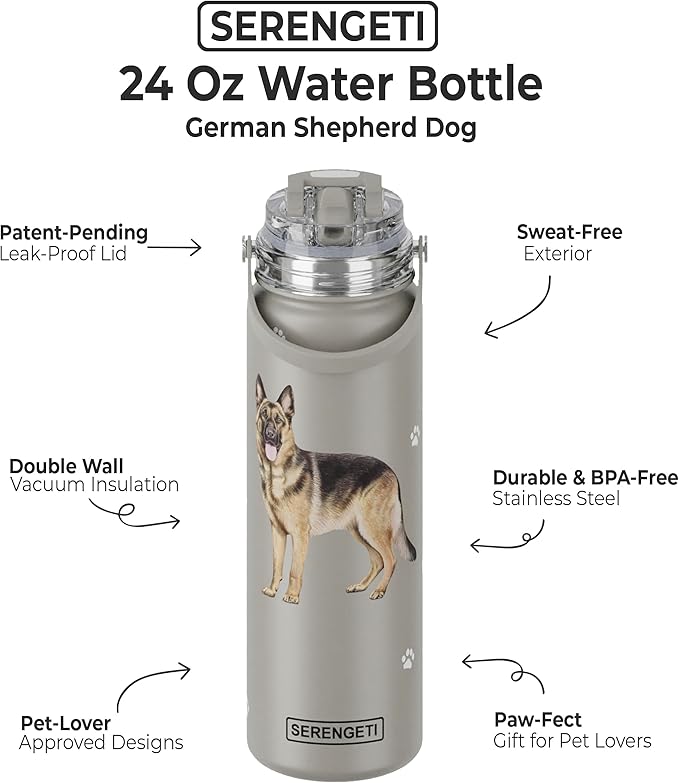SERENGETI 24 Oz Water Bottle Stainless Steel with Spill Proof Lid - Double walled Vacuum Insulated water flask - Realistic 3D Print of your favorite dog (German Shepherd)