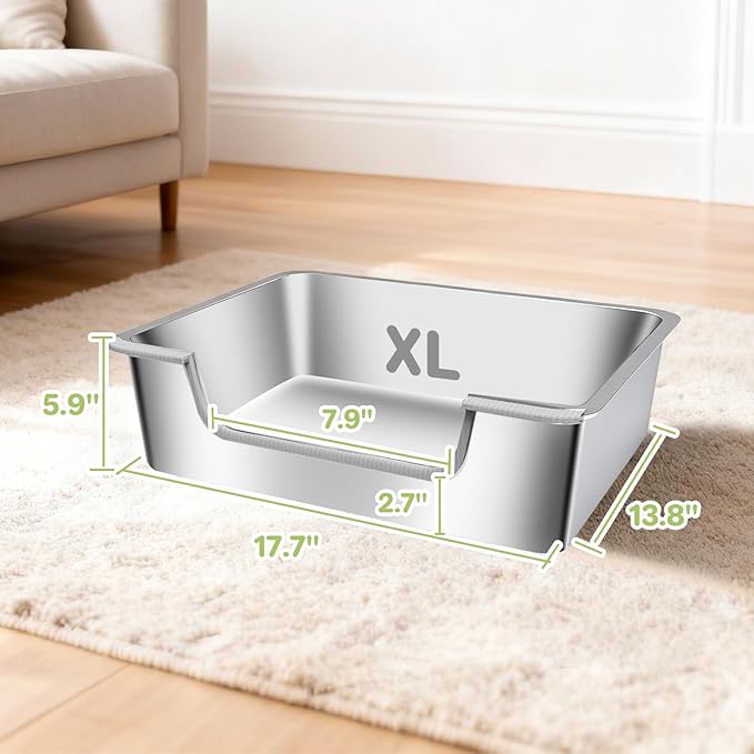 Low Entry Litter Box for Senior Kittens Disabled Cats - Stainless Steel High Sided Enclosed Easy Step in Entry - Large Metal Kitty Litter Box Easy to Clean(23.6”x15.7”x5.9”)