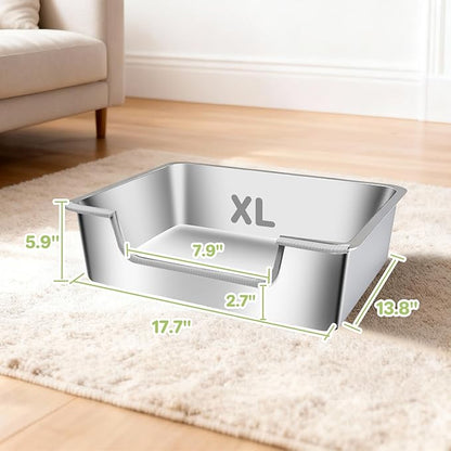 Low Entry Litter Box for Senior Kittens Disabled Cats - Stainless Steel High Sided Enclosed Easy Step in Entry - Large Metal Kitty Litter Box Easy to Clean(23.6”x15.7”x5.9”)