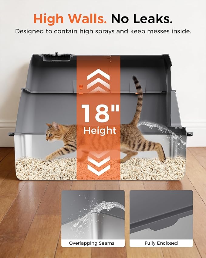 GTPLAYER XXL Stainless Steel Cat Litter Box with Lid, High Sided Enclosed Covered Litterbox, Activated Carbon Odor Control, Extra Large Metal Cat Box, Non-Stick, with Mat & Scoop, Grey