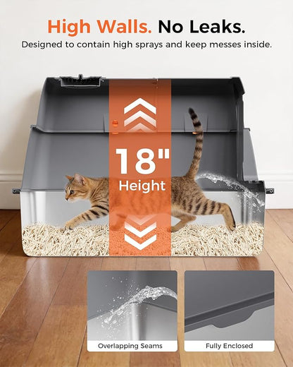 GTPLAYER XXL Stainless Steel Cat Litter Box with Lid, High Sided Enclosed Covered Litterbox, Activated Carbon Odor Control, Extra Large Metal Cat Box, Non-Stick, with Mat & Scoop, Grey