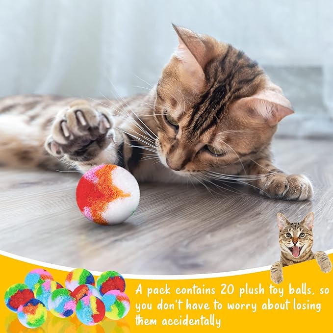 Deekin 20 Pcs Cat Pom Pom Balls Toy Kitty Yarn Puffs Assorted Color Small Plush Soft Balls Fuzzy Kitty Toy for Pet Cat 1.6 Inch in Diameter