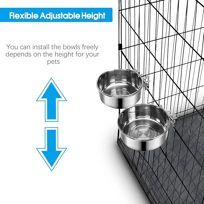 2 Pcs Large Dog Food Water Bowl for Cage with Upgraded Clamp Holder, Pet Kennel Hanging Bowls Stainless Steel Non-Spill Detectable Bowls Crate Feeder for Large Dogs (7x2.8'' & 6.3x2.5'')