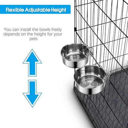 2 Pcs Large Dog Food Water Bowl for Cage with Upgraded Clamp Holder, Pet Kennel Hanging Bowls Stainless Steel Non-Spill Detectable Bowls Crate Feeder for Large Dogs (7x2.8'' & 6.3x2.5'')