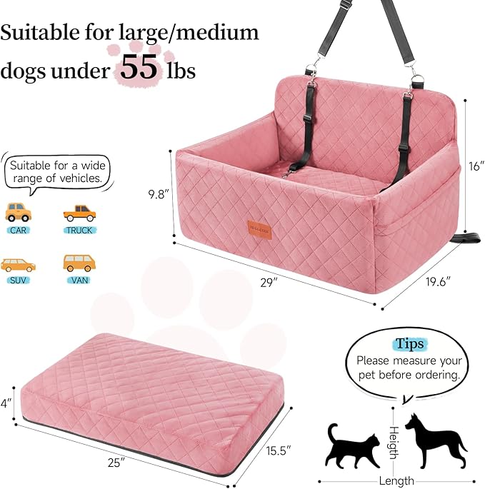 HEGGCOOE Dog Car Seat for Medium/Large Dogs, Pet Booster Seat for Under 55 lbs or 2 Small Dogs, Detachable & Washable Dog Car Bed for Backseat with 2 Safety Leashes (Pink)