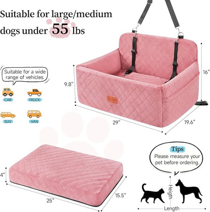 HEGGCOOE Dog Car Seat for Medium/Large Dogs, Pet Booster Seat for Under 55 lbs or 2 Small Dogs, Detachable & Washable Dog Car Bed for Backseat with 2 Safety Leashes (Pink)
