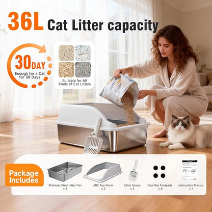 2PACK Stainless Steel Litter Box, Odor Free XL Metal Litter Box Extra Large with High Sides, Easy Cleaning Open Top Litter Pan Include Scoop Non-Sticky Kitty Cat Box Anti-Urine Leakage, Anti-Scratch