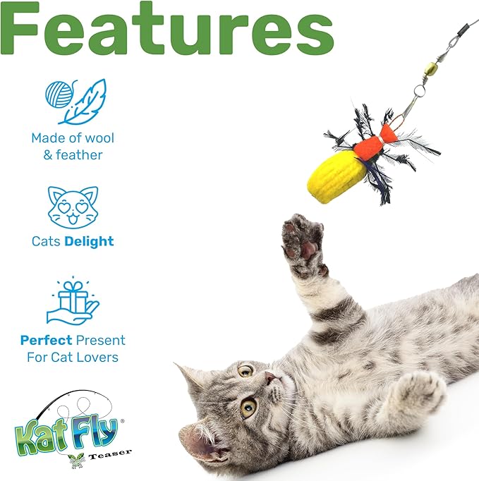 2 Inch Handmade Cat Toy Teaser Wand Refill Beetle - Yellow Natural Material Toys, Hunting Instinct Play, Interactive Exercise Attachment Set for Indoor Cats