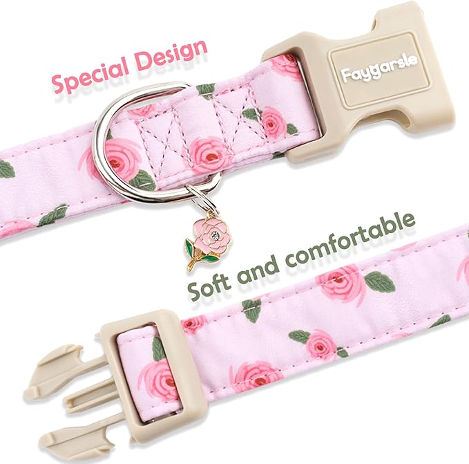 Faygarsle Pink Floral Dog Collar with Roses Pattern, Spring Summer Design for Small Medium Large Dogs L