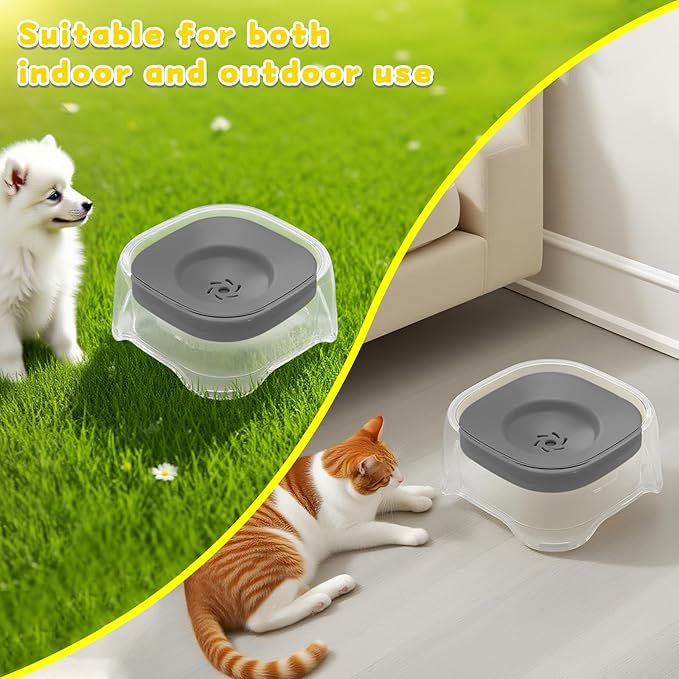 Splash-Proof Cat & Dog Water Bowl 2L Anti-Spill Design Reduces Refill Frequency Splash-Resistant Bowl Keeps Surroundings Clean Slow-Drink Bowl Designed for Pets Who Splash Water- (Grey)