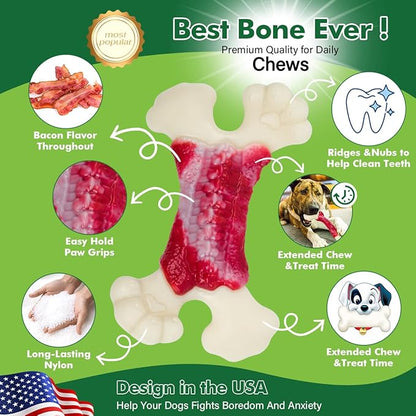 Dog Toys for Aggressive Chewers, Dog Toys for Large Dogs, Indestructible Dog Bones for Aggressive Chewers, Tough and Durable Dog Chew Toy, Real Bacon & Beef Flavors (Beef)