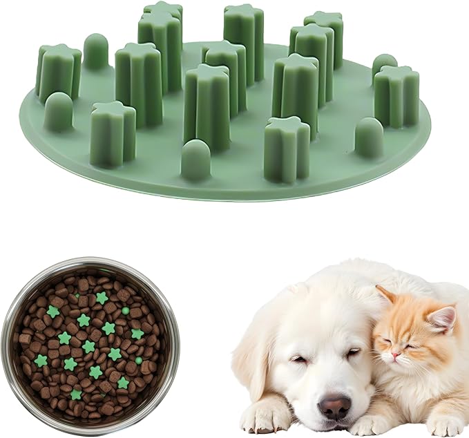 Slow Feeder Insert for Cat Dog Bowls, Anti-Choking Silicone with Strong Suction Cups, Fits Most Cat Bowls, Ideal for Puppy Small Medium Breeds (Green)
