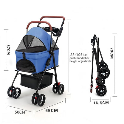 Pet Stroller-Folding 4 Wheels Cat/Dog Stroller for Medium Small Pets with Storage Basket and Cup Holder Suitable for Going Out and Traveling (Blue)