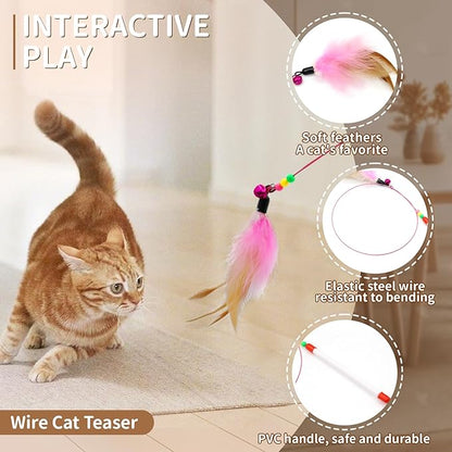 25 Pcs Cat Toys for Cats, Indoor Kittens - Interactive Variety Pack, 45 inches Rainbow Cat Tunnel, Feather Teaser, Feather Golf, Mice, Springs, Balls, Noise Toys - Rainbow/Colorful 45"