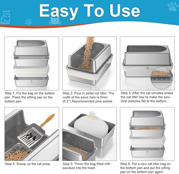 All Stainless Steel Sifting Litter Box with Lid,XL Extra Large Metal Sifting Cat Litter Box for Pine Pellets,High Sides Sifter Litter Pan System for Big Cats,Odor Control,Sifting Box Liners and Scoop