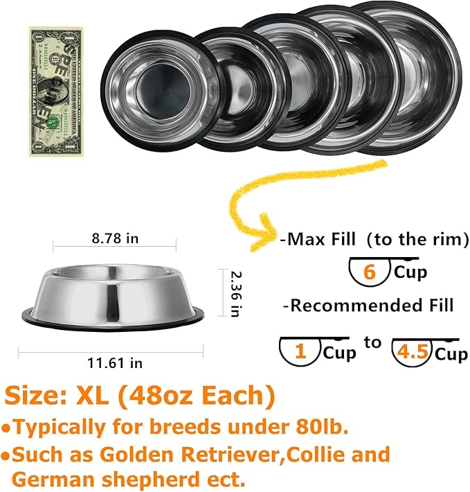 2 Pack Stainless Steel Dog Bowls with Rubber Bottom, Non Skid Non Spill Heavy Duty Premium Quality Pets Feeder Bowls for Dogs and Cats and More (6Cup / 48oz)