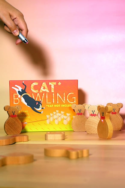 Terrarium Cat Bowling Game for Cats with 10 Wooden Pins and Laser Pointer