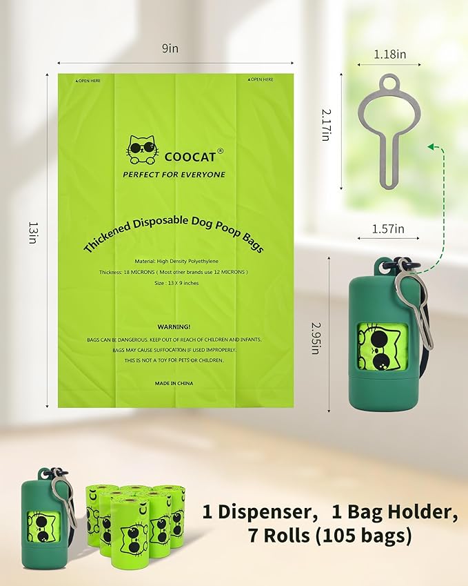 Dog Poop Bags with Dispenser & Holder, Guaranteed Leak Proof, Unscented Extra Thick Heavy Duty Tear-resistant 18-Micron Waste Bag Refill Rolls (Green (105-Bags, 1-Dispenser))