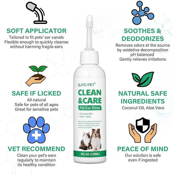 Ear Cleaner for Dogs and Cats with Flexible Long Tube- Ear Infection Treatment, Deep Canal Solution for Ear Mites, Infections, Itch, Wax & Smell, Safe Aloe Vera Formula, 4 oz