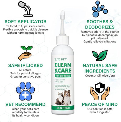 Ear Cleaner for Dogs and Cats with Flexible Long Tube- Ear Infection Treatment, Deep Canal Solution for Ear Mites, Infections, Itch, Wax & Smell, Safe Aloe Vera Formula, 4 oz