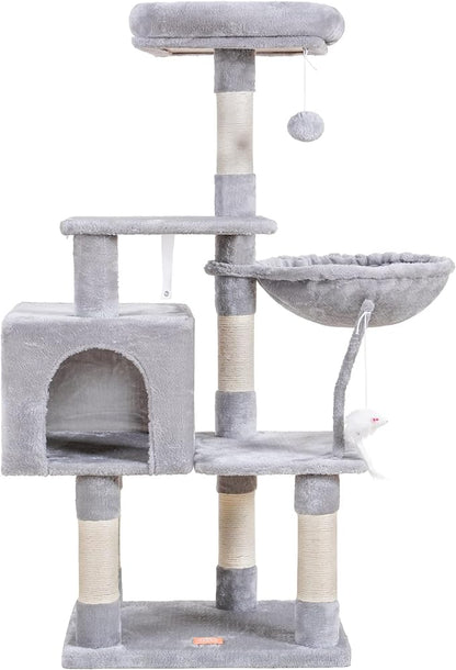 Heybly Cat Tree with Toy, Cat Tower Condo for Indoor Cats, Cat House with Padded Plush Perch, Cozy Hammock and Sisal Scratching Posts, Light Gray HCT004W