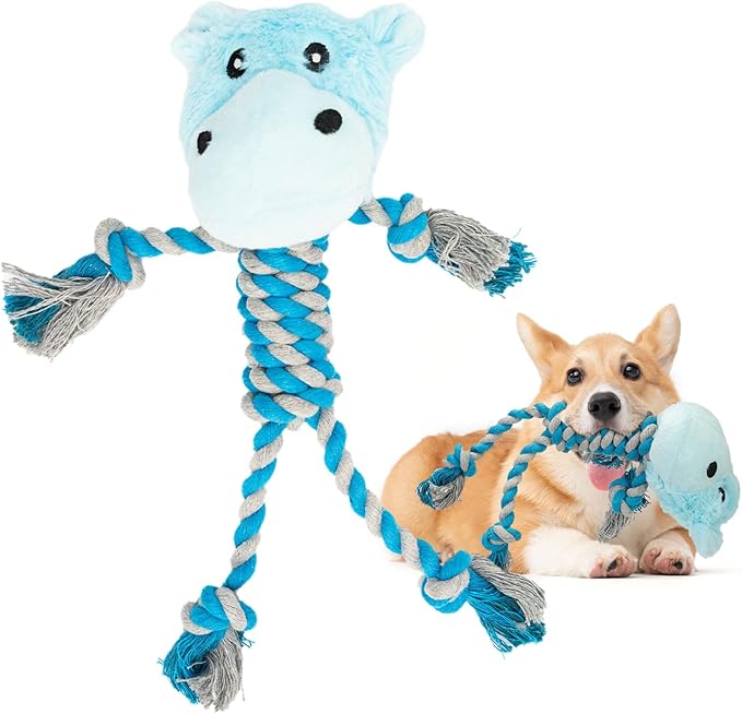 JMZDS&JL Tough Dog Toys for Puppies and Small-Medium Dogs, Tug of War and Plush Stuffed Animals for Teething and Chewing Fun (Hippo)