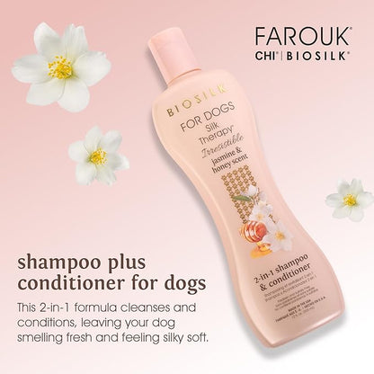 BioSilk for Dogs Silk Therapy Irresistible 2-in-1 Shampoo and Conditioner, Jasmine and Honey Scent, Hydrolyzed Silk Proteins, Paraben Free, pH Balanced for Dogs, Safe 8 Weeks+, 12 fl oz