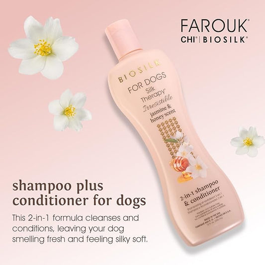 BioSilk for Dogs Silk Therapy Irresistible 2-in-1 Shampoo and Conditioner, Jasmine and Honey Scent, Hydrolyzed Silk Proteins, Paraben Free, pH Balanced for Dogs, Safe 8 Weeks+, 12 fl oz